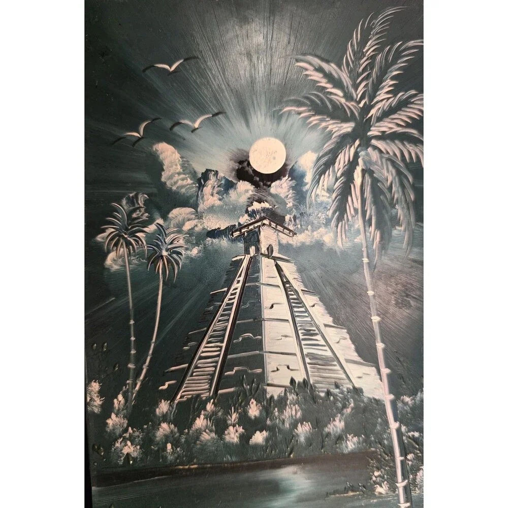 Chichen Itza Mayan Pyramid Solstice Painting on Clay Tile Signed 12